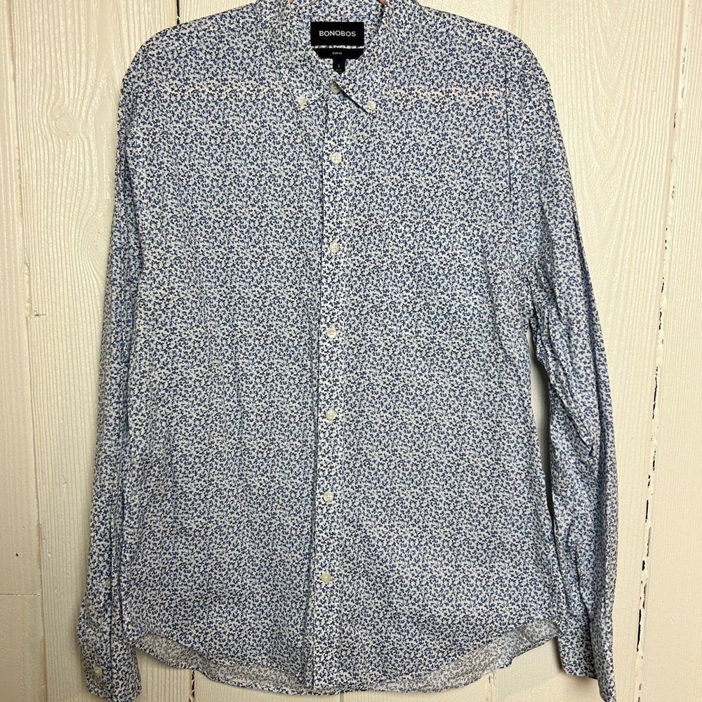 Bonobos Men's White and Blue Patterned Shirt Slim Fit Size L
